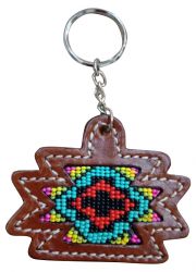 Showman Leather beaded Aztec key chain with multicolored beaded cross inlay